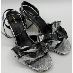 Larroudé Selena Silver metallic Ruffle Ankle Strap Block Heel Leather‎ Sz 11